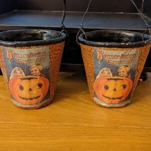Pair of Vtg HALLOWEEN Paper Mache Looking BUCKET PAILS CANDY DISH Decor Fall